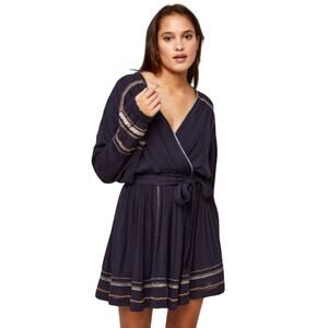 Free People Women's Long Sleeve Embroidered Mini Dress Navy XS, MSRP $148 NWT